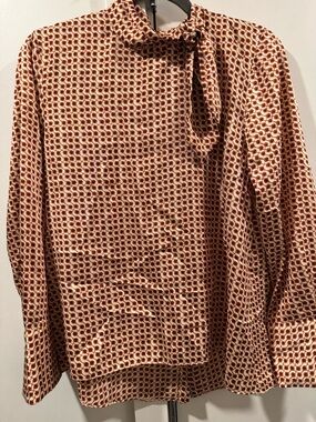 Zara Woman Cream and Rust Geometric Tie-Neck Blouse
